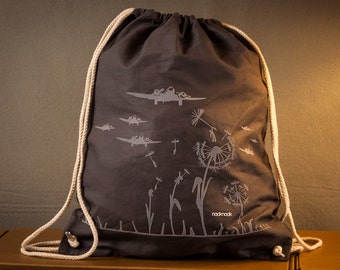Dandelion Drawstring bag Gym sack Festival Backpack grey for Sports - cotton gym bag with Flowers and aircraft military graphic grey