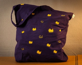 Duck pattern Bird shopping bag purple cotton tote bag Beach Bag Ducks out of Flock tote with fluffy yellow duck tote art bag