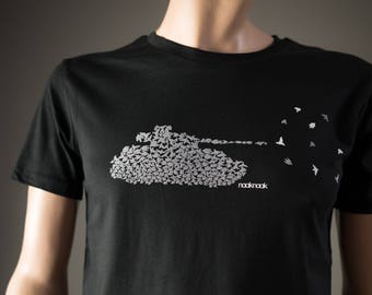 war and peace T-Shirt organic shirt mens military tee Shooting Armor Tank out of birds printed graphic tee with birds flying bombs