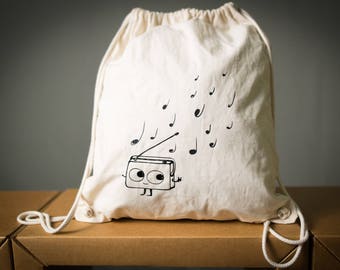 Cute Radio cotton canvas sack bag for shopping dancing Radio music graphic Music festival sack pack drawstring bag sack in multiple colors