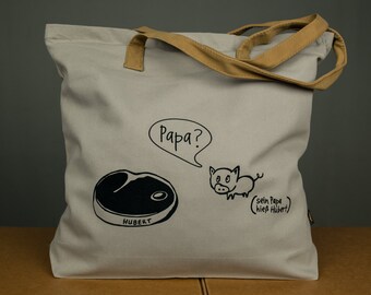 Black humor sturdy cotton canvas tote bag for shopping, zippered tote bag, suede handles, Pig and steak graphic, gift for vegans BBQ bag