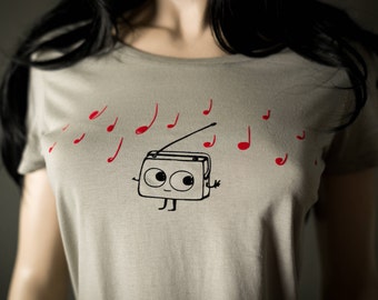 Radio music T-Shirt organic women shirt - shirt in stone - radio and red music notes graphic tee for dancers or music lovers flock print