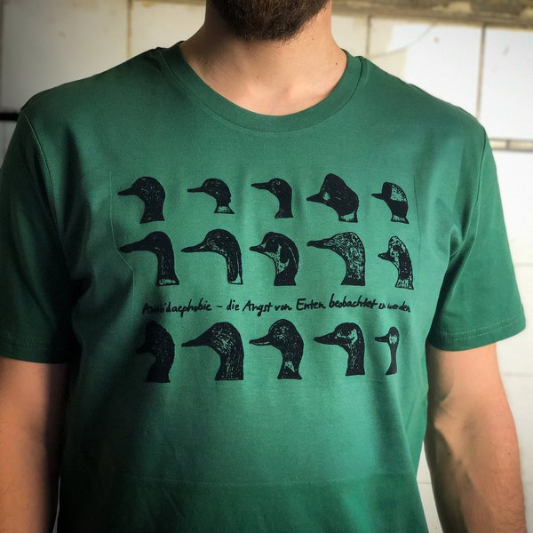 Entenphobie Shirt für Männer, Phobie Shirt, Humor T- Shirt, Enten Motiv Bio T-Shirt, toller Flock Druck, grün + Farbauswahl