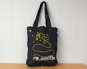 Astronaut outer space cotton canvas tote bag shopping bag fun graphic with stars and astronauts - printed black tote bag with print