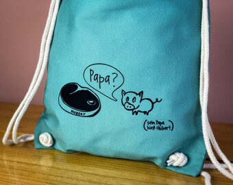 Black humor sturdy organic cotton canvas gymsac for shopping, sport bag, Pig and steak graphic, gift for vegans BBQ bag backpack