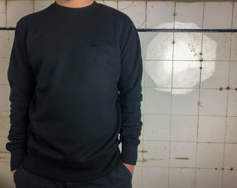 White Mens sweatshirt, organic cotton, black long tee with black print ironic print tee