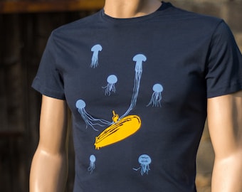 Jellyfish T-Shirt for men nautic graphic tee navy dark blue organic tee jellyfish against yellow submarine