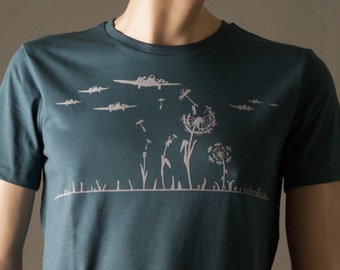 Dandelion T-Shirt for men military graphic tee organic shirt with dandelions and aircrafts - blow away