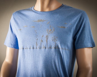 Dandelion tee for man military graphic t-shirt organic shirt for men with dandelions and aircrafts - blow away flower shirt light blue tee