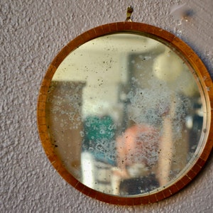 Antique Italian round mirror in teak ice cream Scandinavian vintage design style