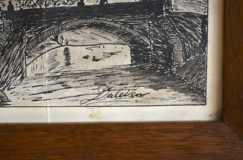 Tableau stylo encre vintage rétro années 50 paysage chateau deco antic ink drawing french landscape midcentury rustique bohemian deco zdjęcie 4