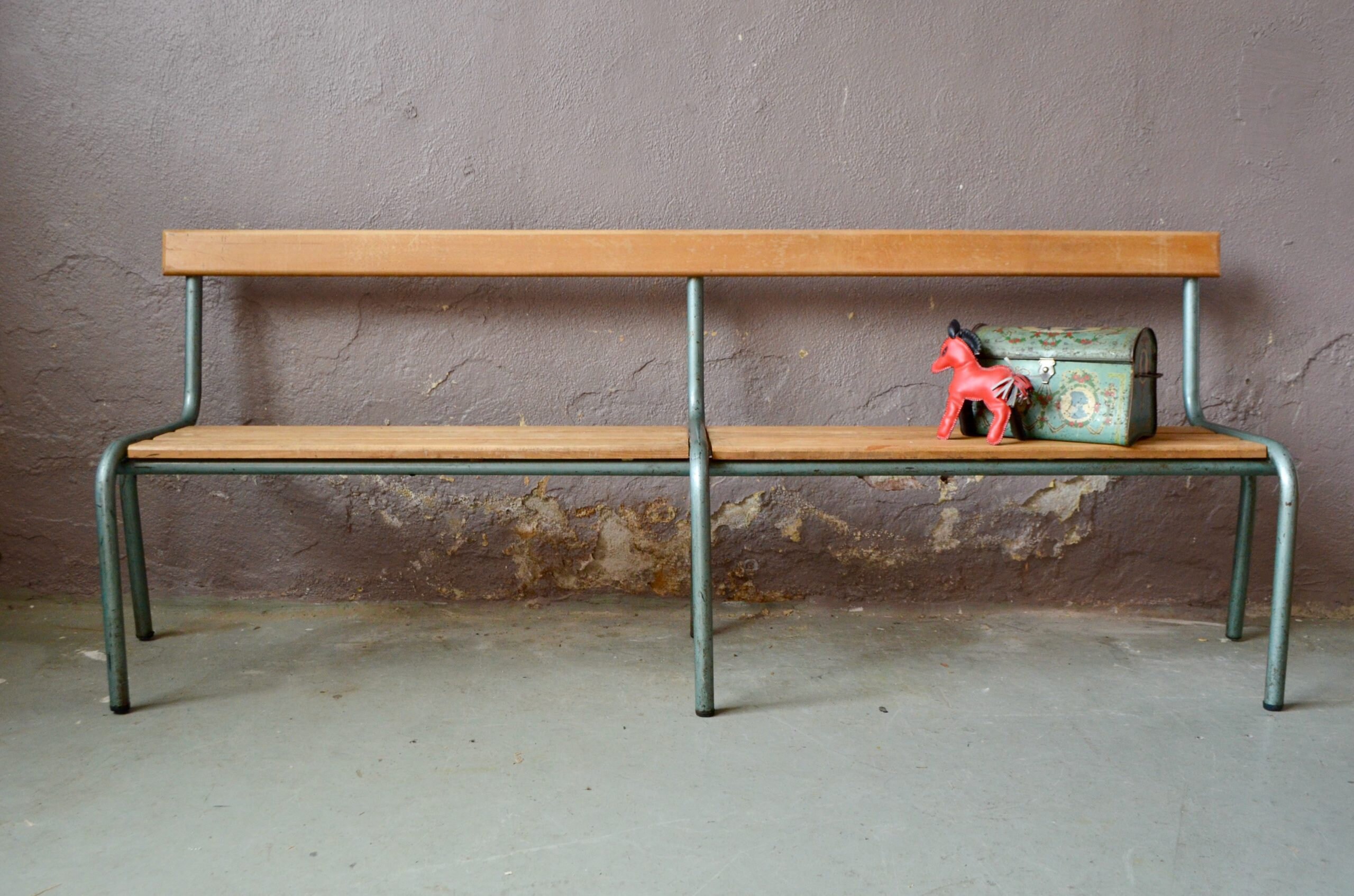 Grand Banc d'école Mullca Vintage Indus Enfant en Bois et Métal Idéal Pour Entrée ou Table à Repas