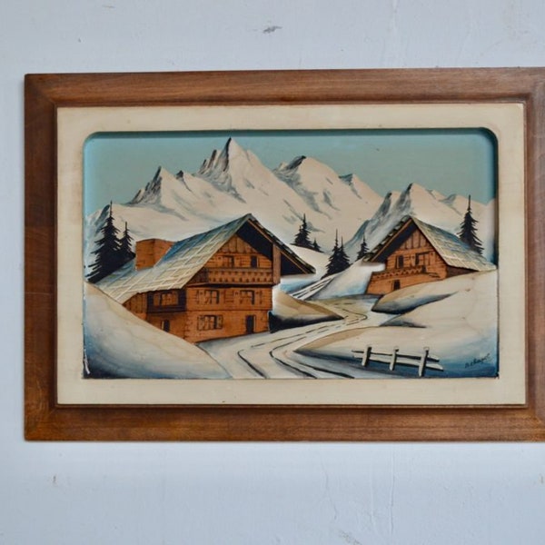 Paysage de montagne tableau en relief en bois décoration murale artistique esprit chalet Alpes et bohème