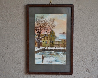 Dessin peinture aquarelle naïf paysage alsacien enneigé antic watercolor drawing 1919 snowy village