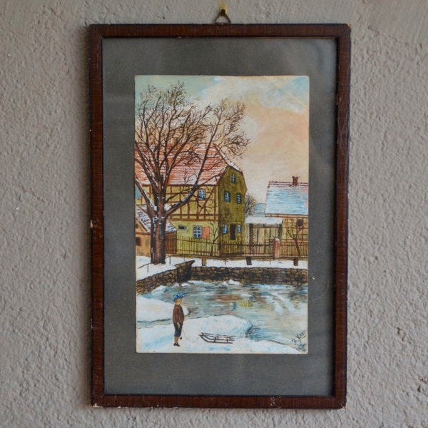 Dessin peinture aquarelle naïf paysage alsacien enneigé antic watercolor drawing 1919 snowy village