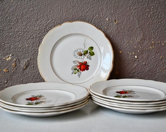 10 Flat plates with old flowers Keller and Guerin earthenware (K&G) from Lunéville set of 10 boho and country chic style