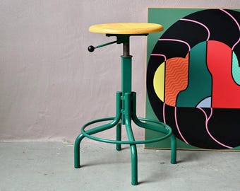 Adjustable industrial workshop stool, green metal and yellow wood, 1960s