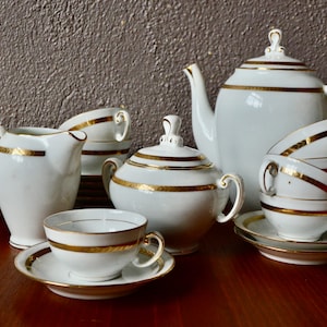 Tea or coffee set in gilded ceramic and white Limoges porcelain vintage boho style and art deco