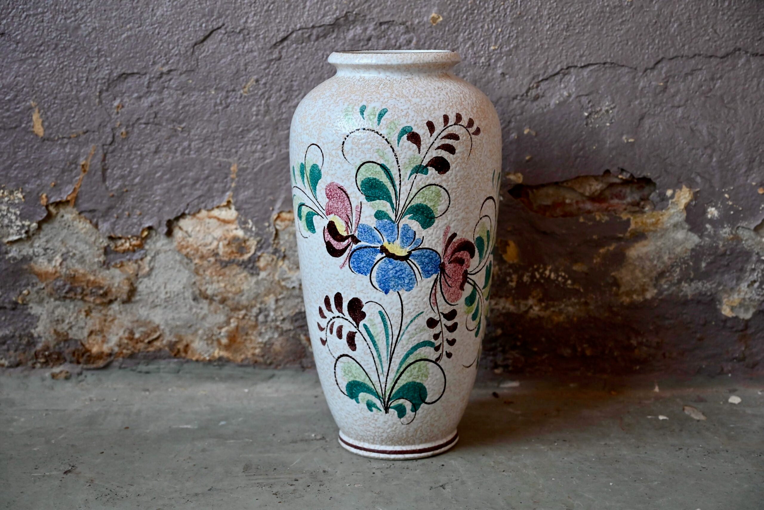 Large Vase With Boho Spirit Flowers Signed Scheurich Scandinavian