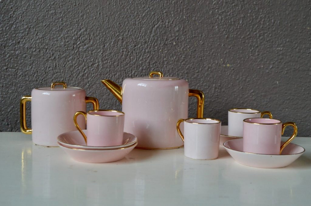 Service à Thé ou Café de Couleur Rose et Or Style Bohème, Art Déco Vintage Chic