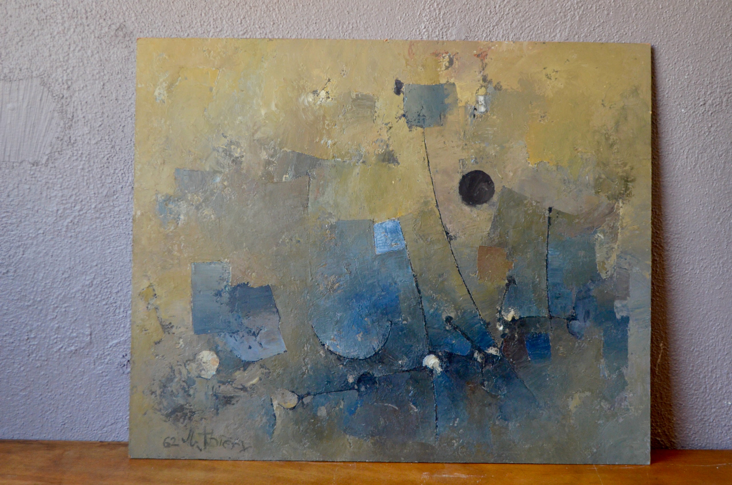 Peinture Abstraite Jb Thiery 1962 France Peinture à L'huile sur Panneau Décoration Colorée