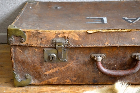 Vintage Retro Leather Suitcase 40s Boho Rustic Wabi Sabi