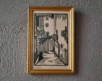 Antique framed print "La Rue" signed old urban scene art deco antique wall decoration boho 1930 bauhaus