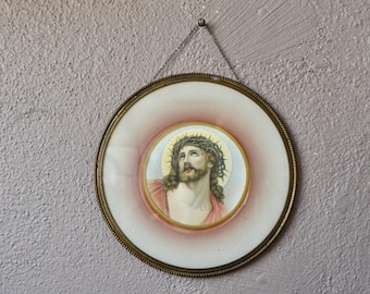 Religieus schilderij in art-decostijl van Christus achter glas, jaren 1940.