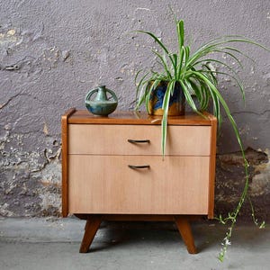 Vintage wooden bedside table compass legs Scandinavian vintage style nightstand