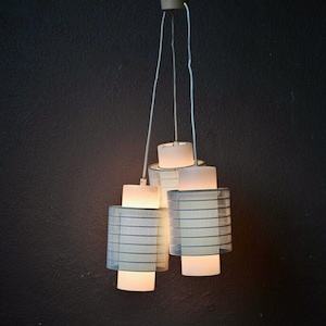 Vintage triple pendant chandelier lamp in openwork metal with white opaline glass, Space Age and modernist style