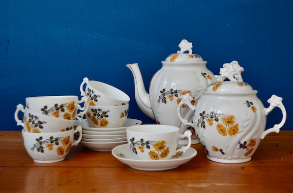 Service à Café 6 Personnes En Porcelaine – Style Maison De Campagne Shabby Chic – Blanc Décoratif