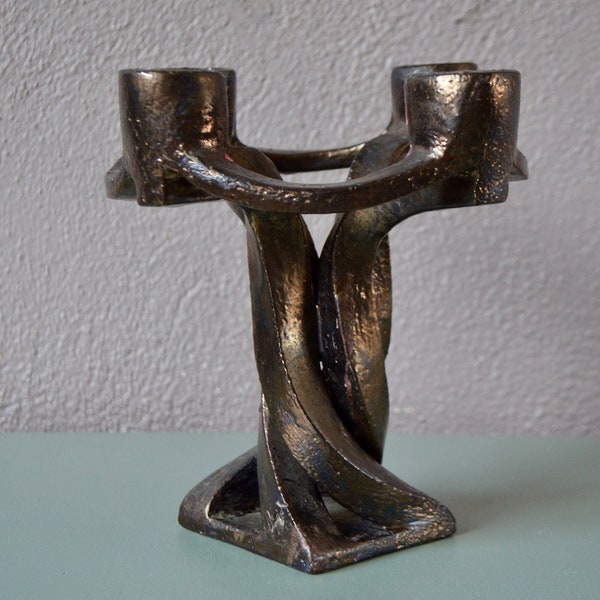 Bougeoir en céramique sculptural. Brutaliste, patine bronze