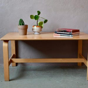 Peut inclure: Une table basse en bois clair avec un plateau rectangulaire et quatre pieds. La table contient un petit cactus dans un pot en terre cuite, une plante en pot et une pile de livres. La table est placée contre un mur gris.