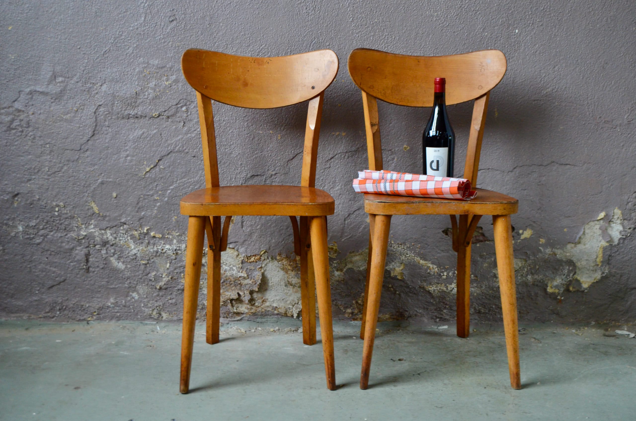 Paires de Chaises Bistrot en Bois Hêtre Clair Style Vintage Retro et Bohème 1950