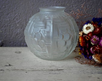 アールデコボール花瓶/ブルーすりガラス/レリーフ植物モチーフ