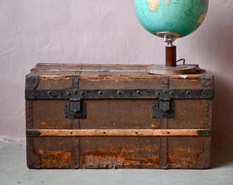 Baúl de viaje grande de madera y lona revestida, maleta de metal, estilo vintage retro boho, almacenamiento patinado