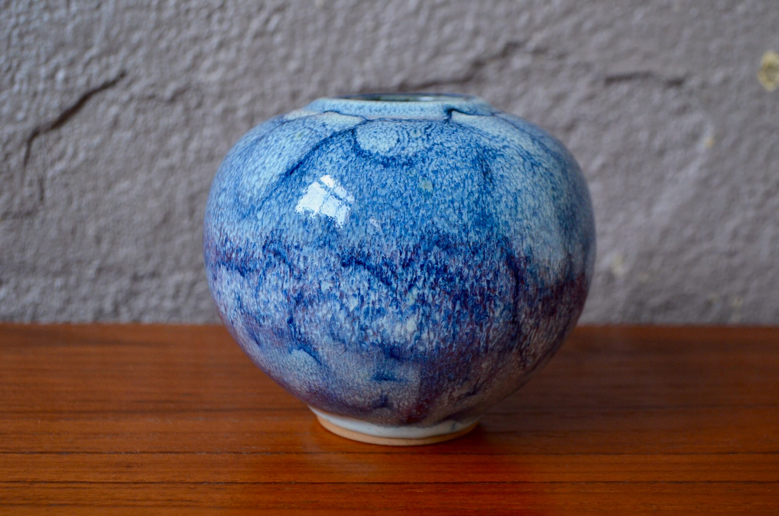 Vase Boule en Céramique Bleu Lagon Signé Taizé, Atelier de Daniel Montmollin