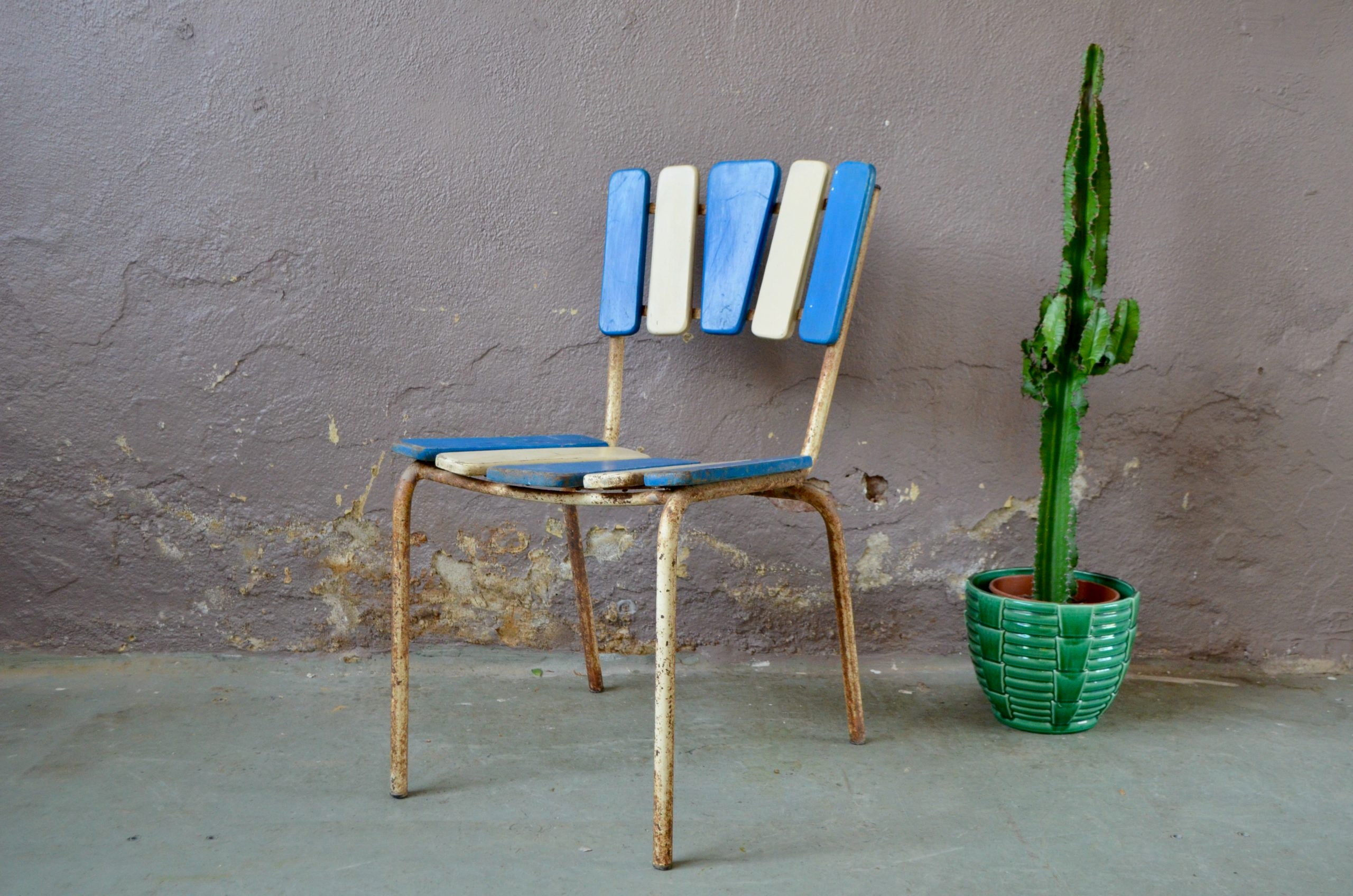 Chaise Ancienne Patinée Style Indus Bohème Terrasse Bicolore