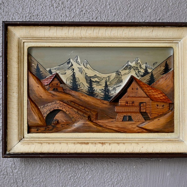 Paysage de montagne tableau en relief en bois décoration murale artistique esprit chalet Alpes Suisse et bohème