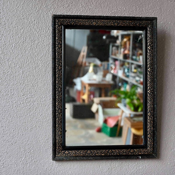 Antique gold and black rectangular mirror in antique boho French style