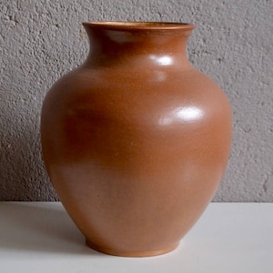 May include: A brown ceramic vase with a rounded body and a slightly flared lip.