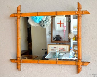 Antique 1930s orientalist mirror in turned bamboo-style wood French Art Deco mirror bamboo imitation wooden mirror orientalist Belle lurette