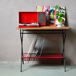 Midcentury style magazine rack, record rack, side table, hi-fi music furniture, vintage design