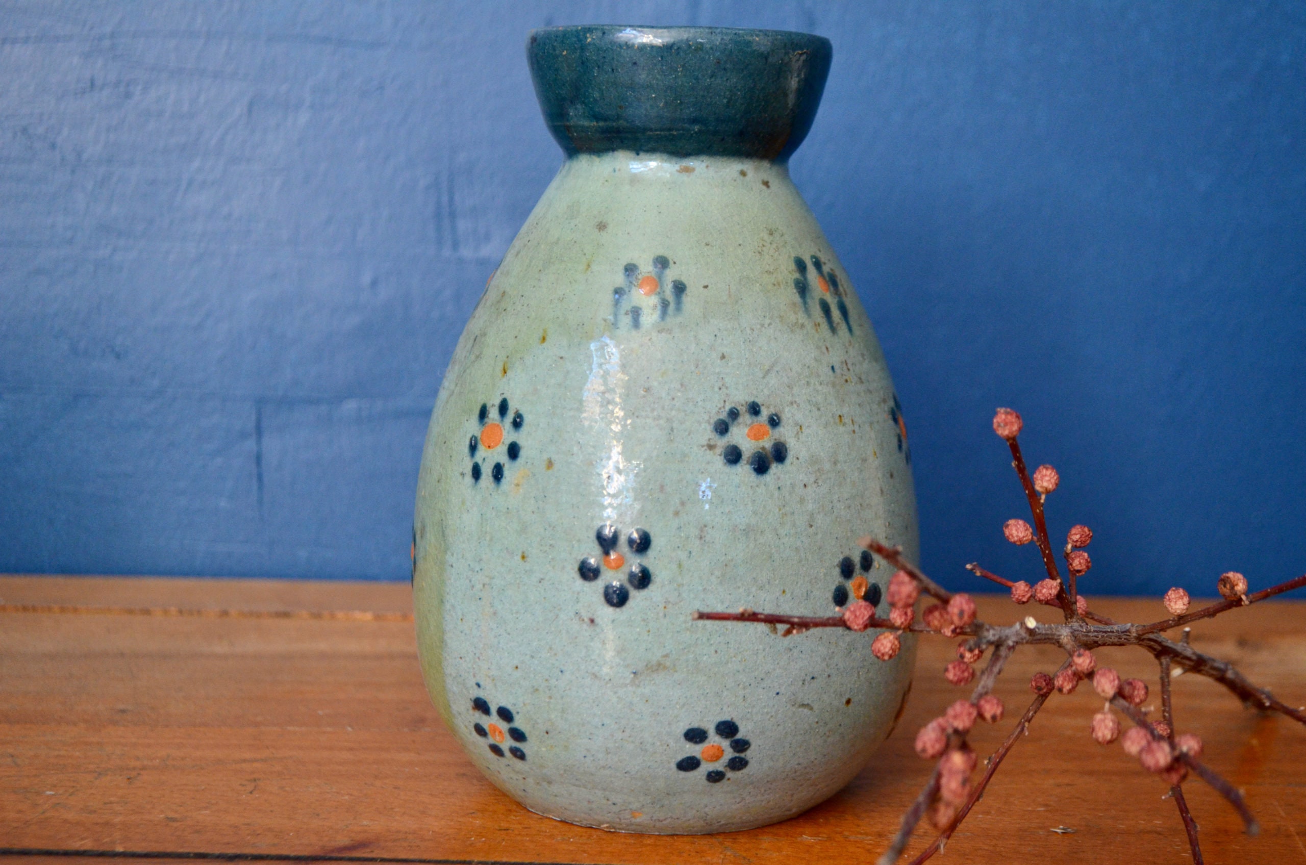 Opennecked hyacinth vase in glazed earth Boho Folk Art and chic