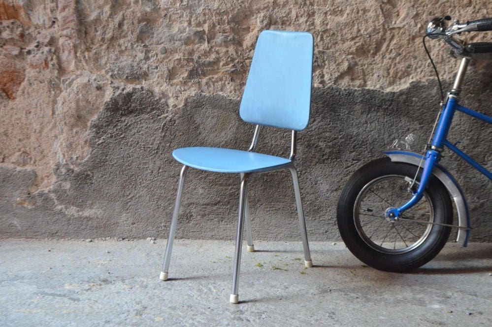 Chaise Enfant Mobilier Vintage Chaise Skaï Bleu Chrome Design 1950 Allemand Scolaire Kid Chair Germa