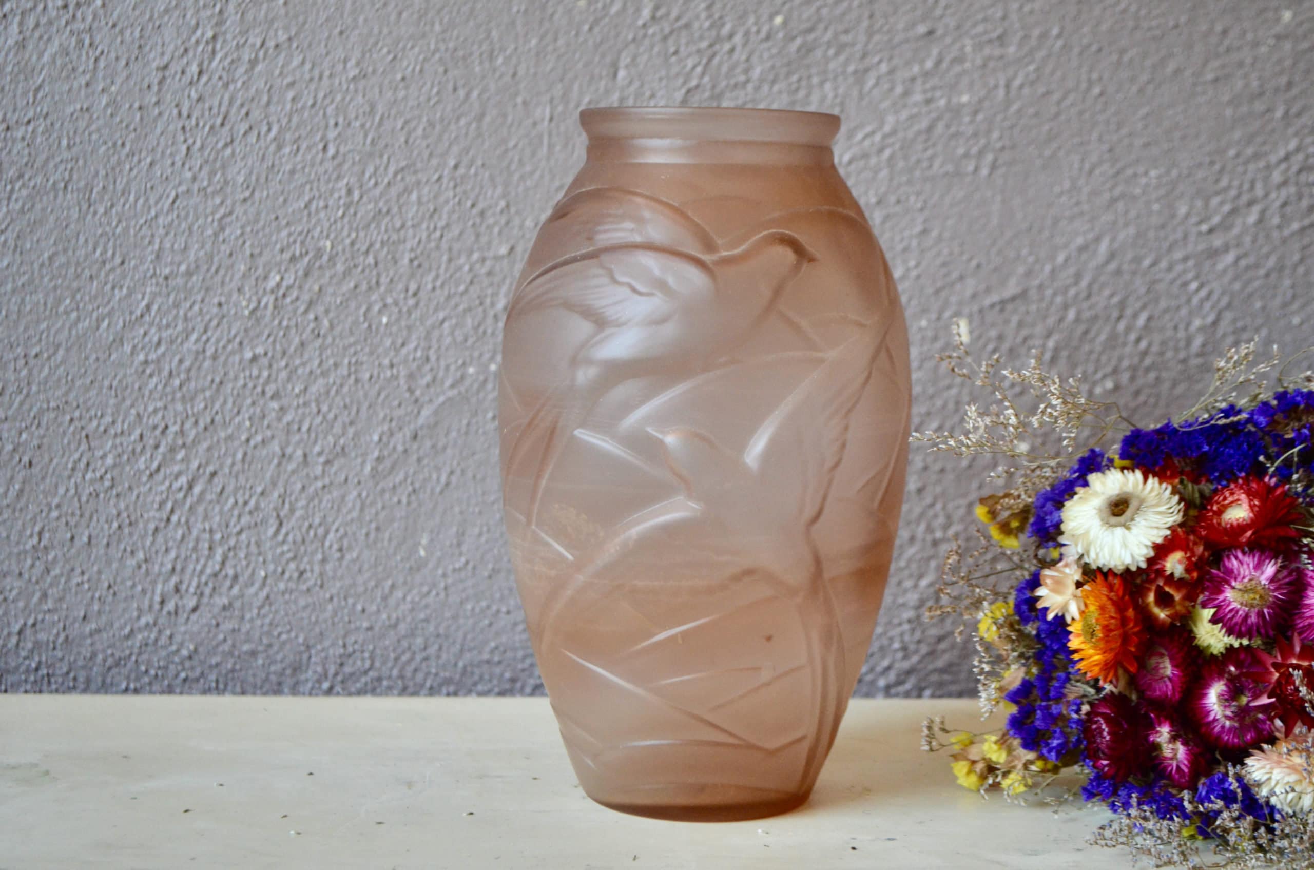Large Art Deco Vase In Pink Glass With Birds. Molded Pressed - Etsy Hong  Kong