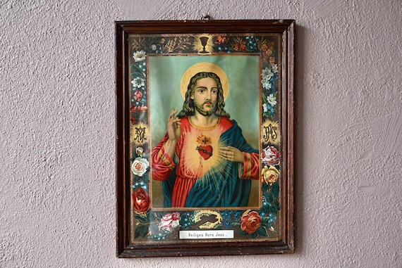 Chromolithograph of the Sacred Heart, 19th century - Molded wooden…