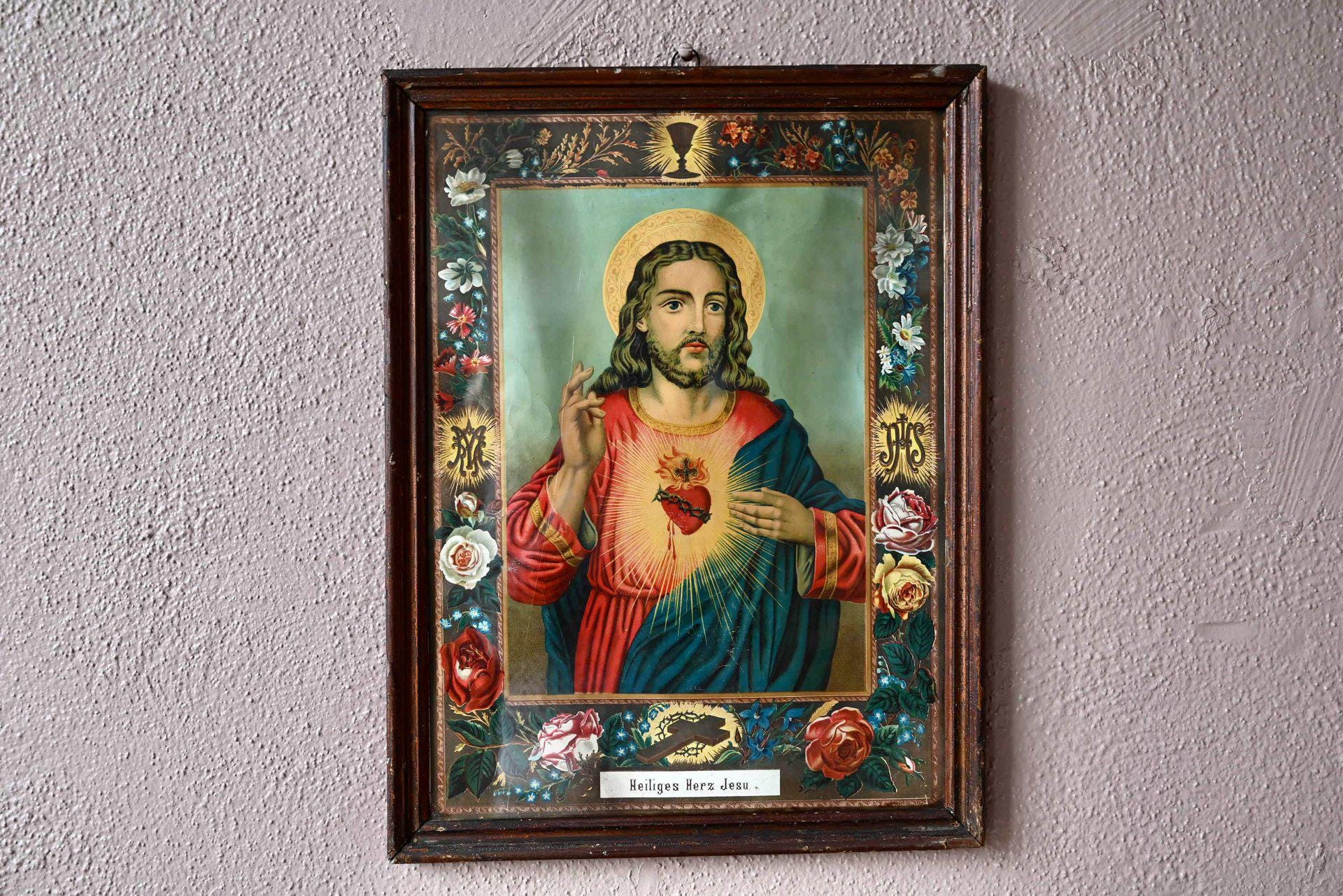 Chromolithograph of the Sacred Heart, 19th century - Molded wooden…