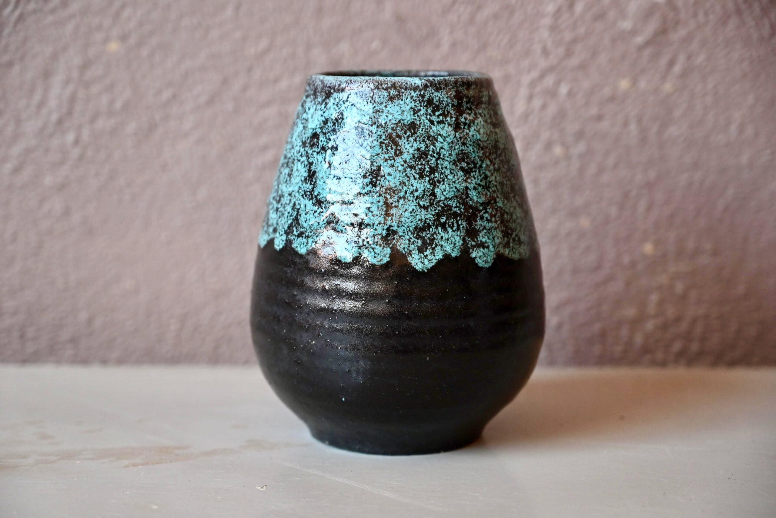 Black Speckled Ceramic Vase From Accolay Potters, Vintage Boho & Brutalist Style