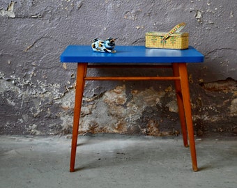 Small vintage Baumann children's desk in wood, blue top, compass feet